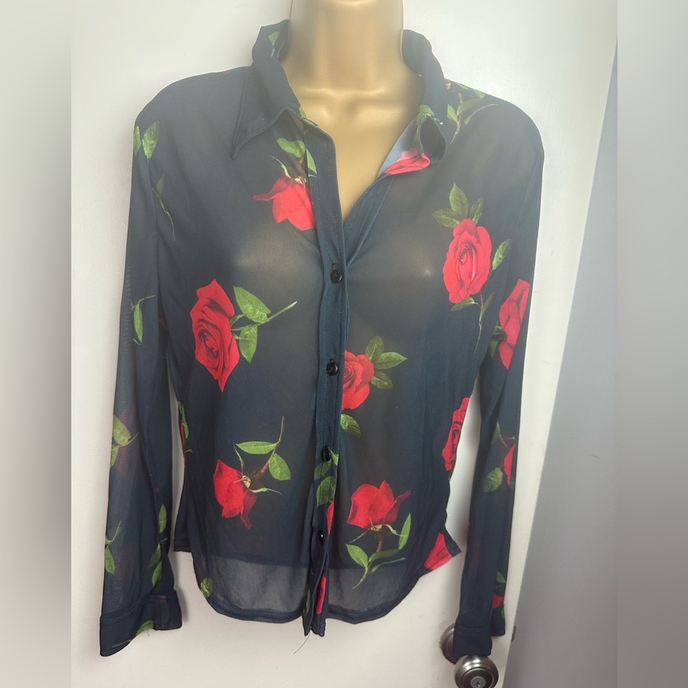 Vintage 90’s/Y2K Black Mesh RedRose Print Sheer Dark Romantic Whimsy-Goth Top M?